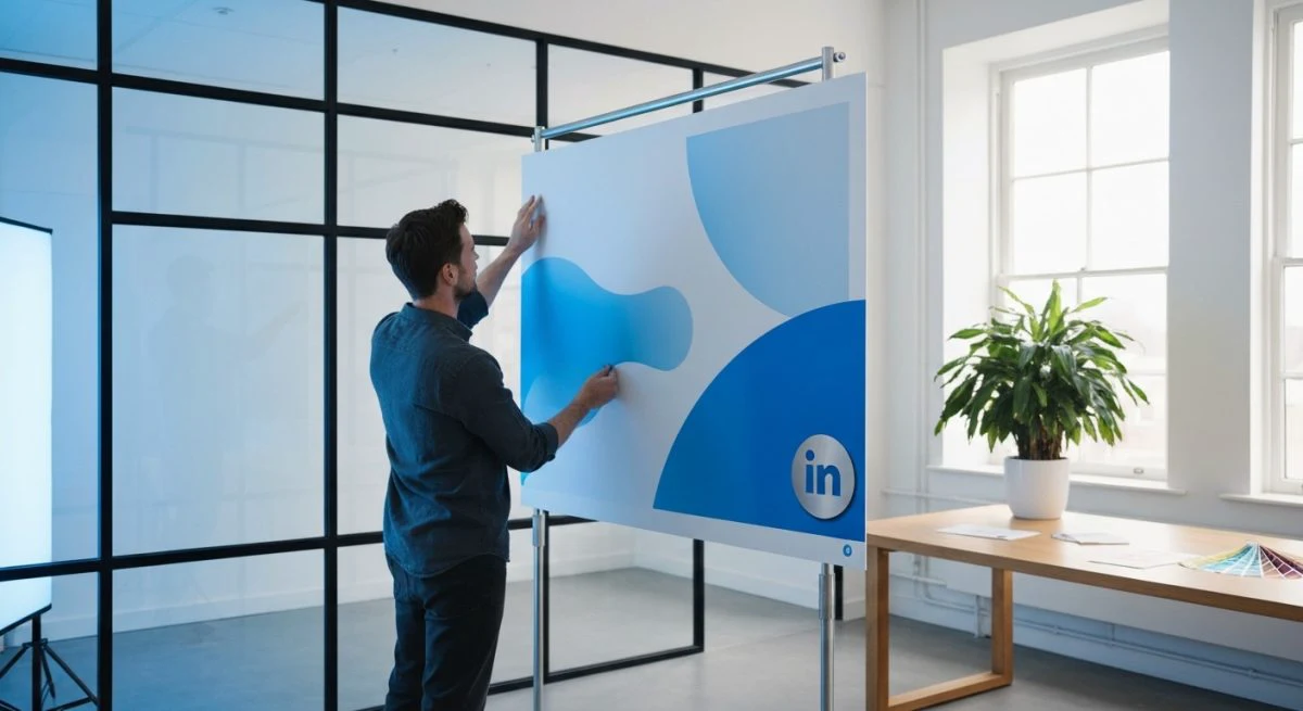 Diseñador montando banner físico para LinkedIn sobre soporte de acero