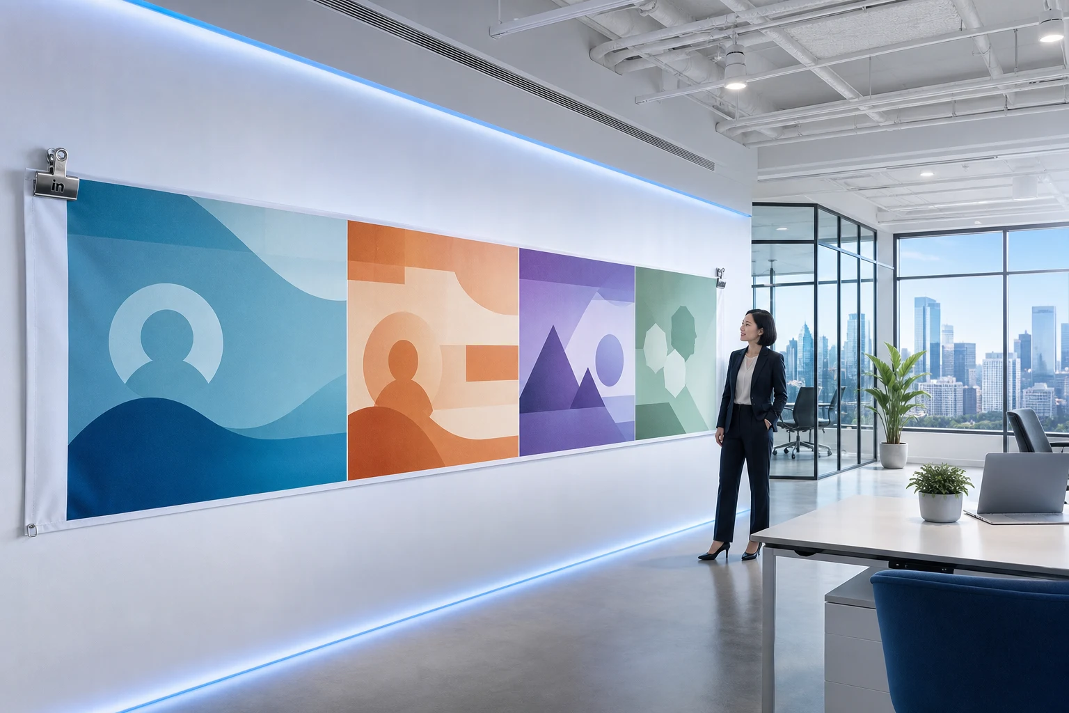 Diseñador profesional junto a pared de banners LinkedIn con clip