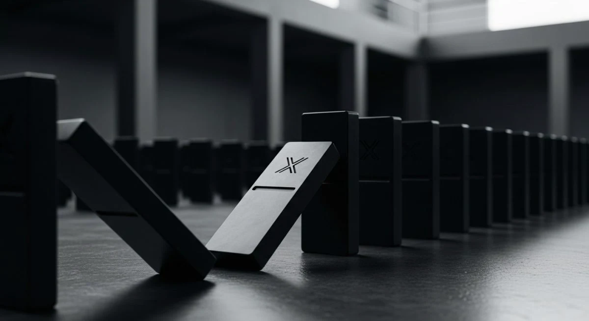 Dominó negro mate con logo X cayendo en patrón de dominós