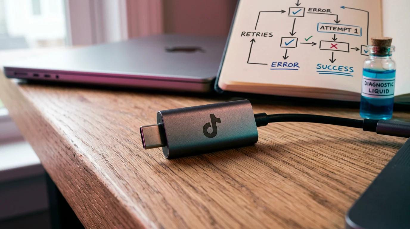 Dongle USB C metálico con logo TikTok sobre mesa madera
