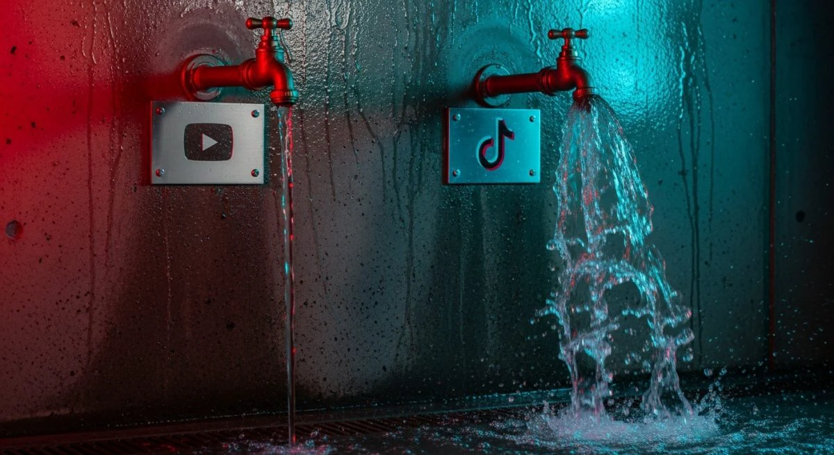 Dos grifos de cobre industriales con logos de YouTube y TikTok