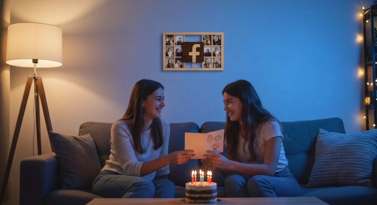 Dos hermanas celebrando cumpleaños en sala con logotipo Facebook tallado