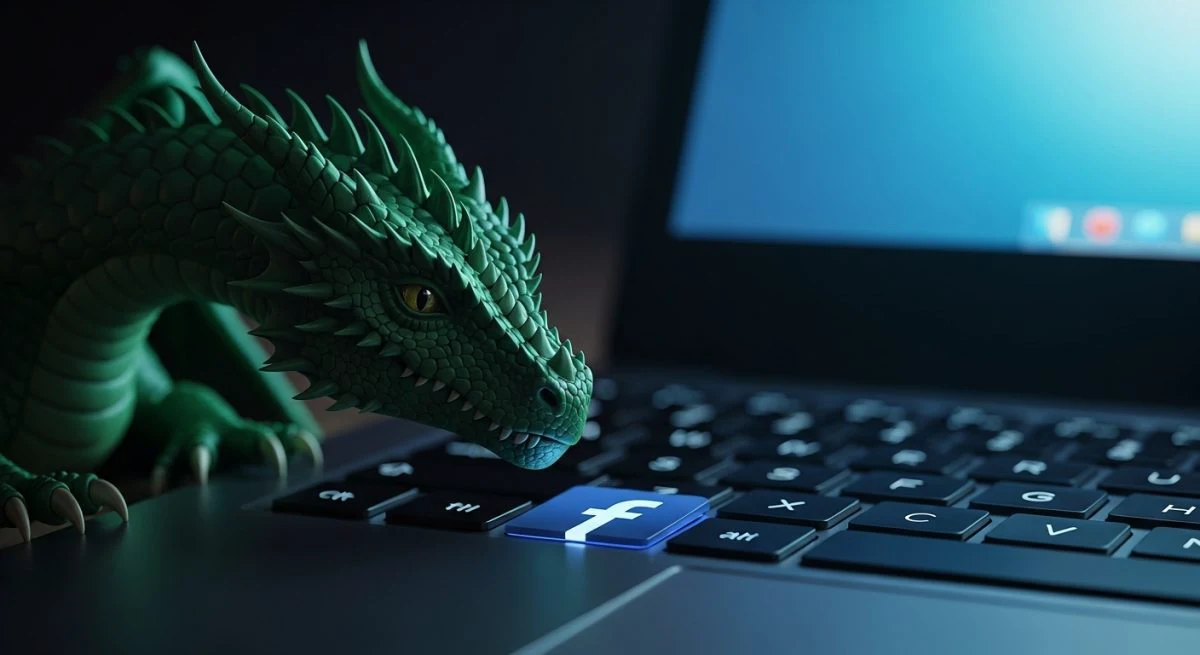 Dragón verde esmeralda realista sobre teclado de laptop con logo Facebook