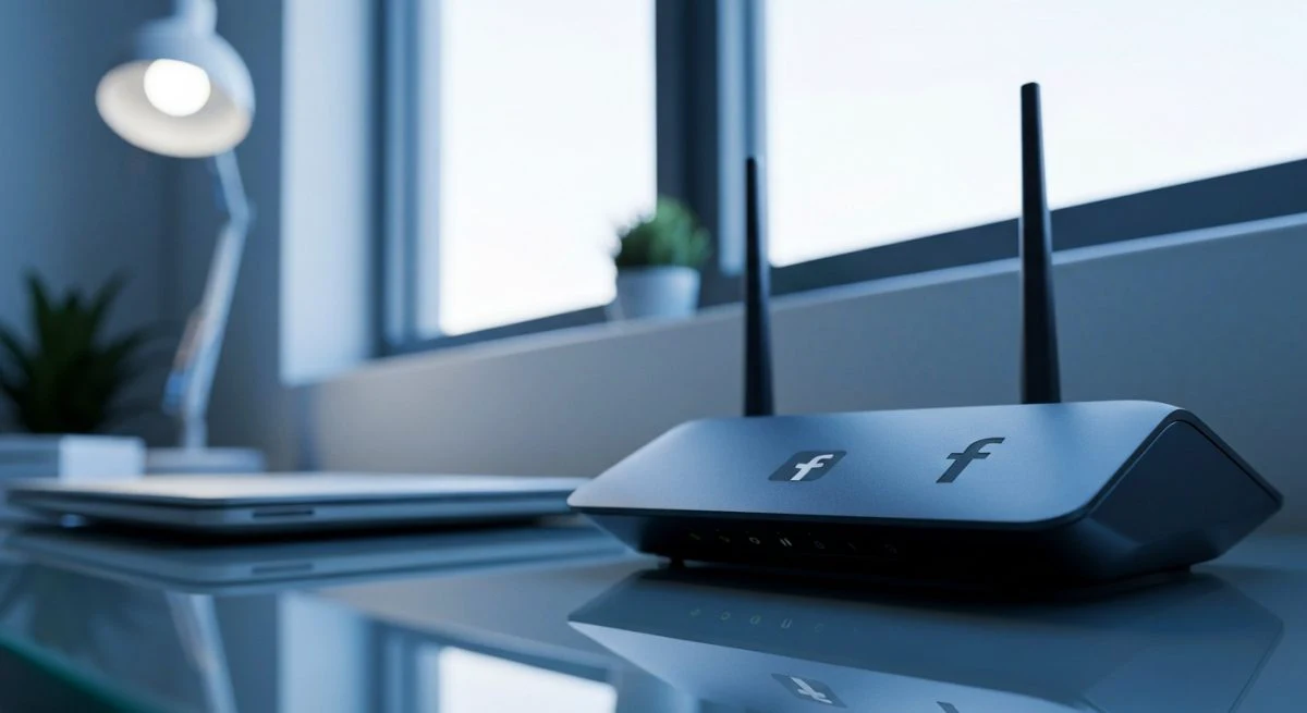 Enrutador wifi con grabado Facebook f sobre mesa de vidrio
