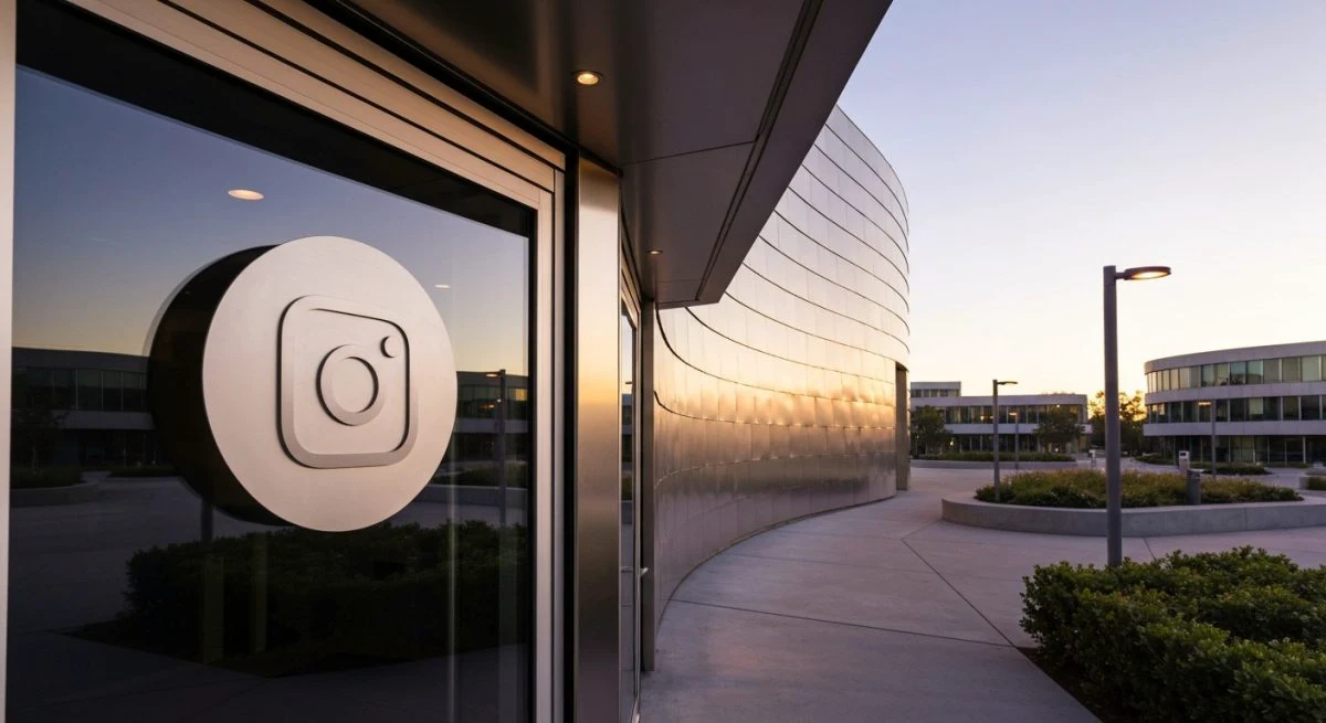 Entrada del campus Meta Menlo Park con logo Instagram