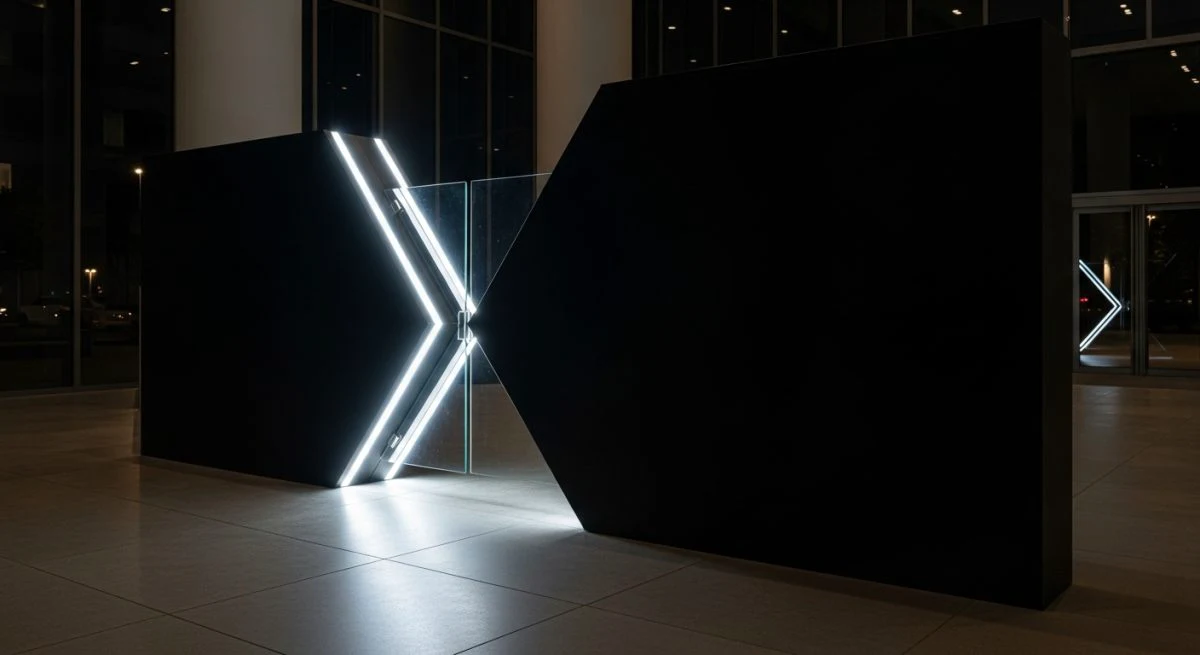 Entrada futurista minimalista en forma de X con vidrio luminoso
