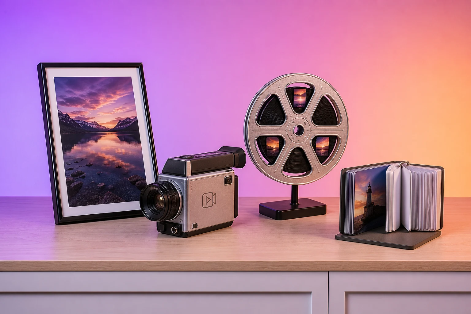 Escena bodegon Instagram con Fotos Videos Reels Stories visibles mesa