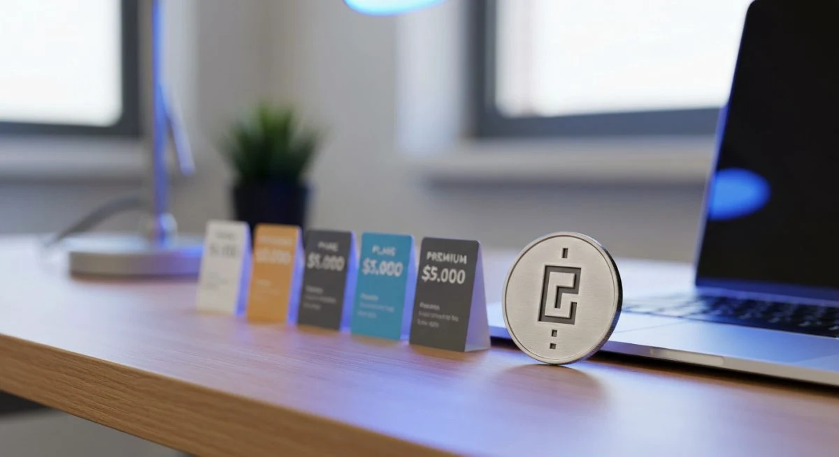 Escritorio con portátil tres paneles de precios y moneda logotipo