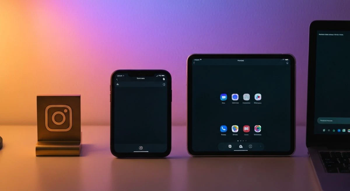 Escritorio con smartphone tablet y portátil Instagram gradiente en fondo