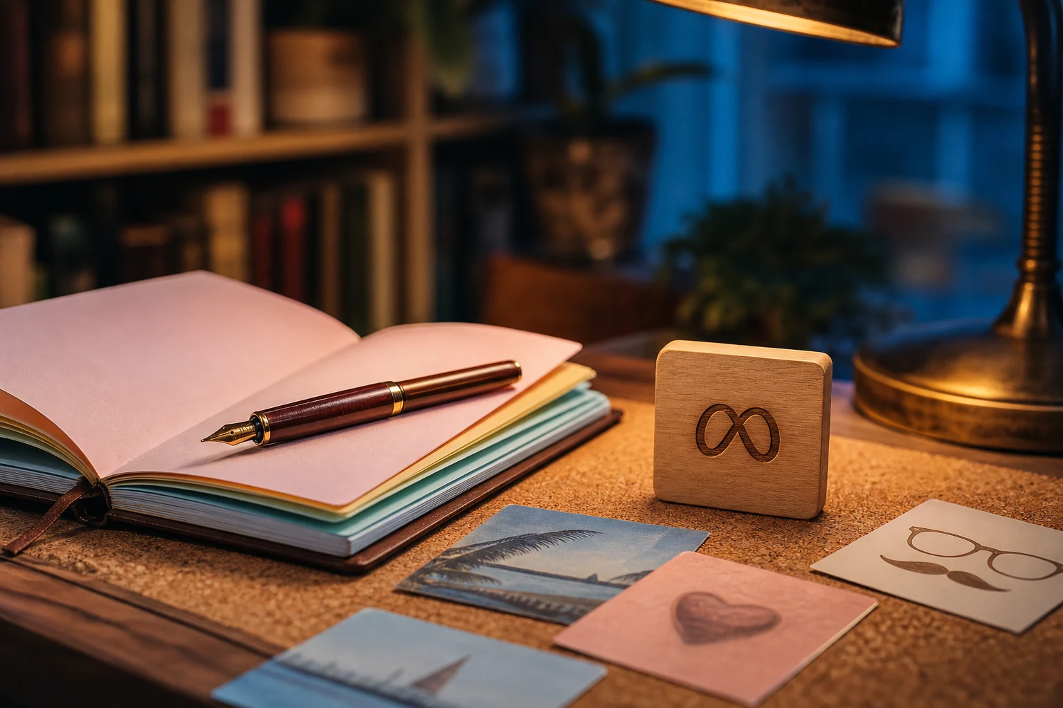 Escritorio creativo con cuaderno pastel y bloque de logo Meta