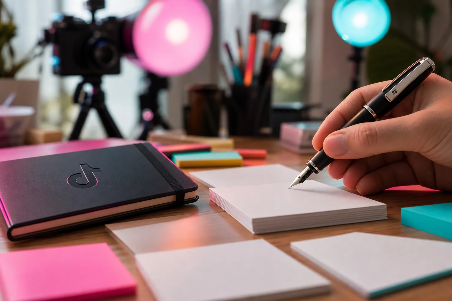 Escritorio creativo con tarjetas notas coloridas pluma TikTok y equipo audiovisual desenfocado