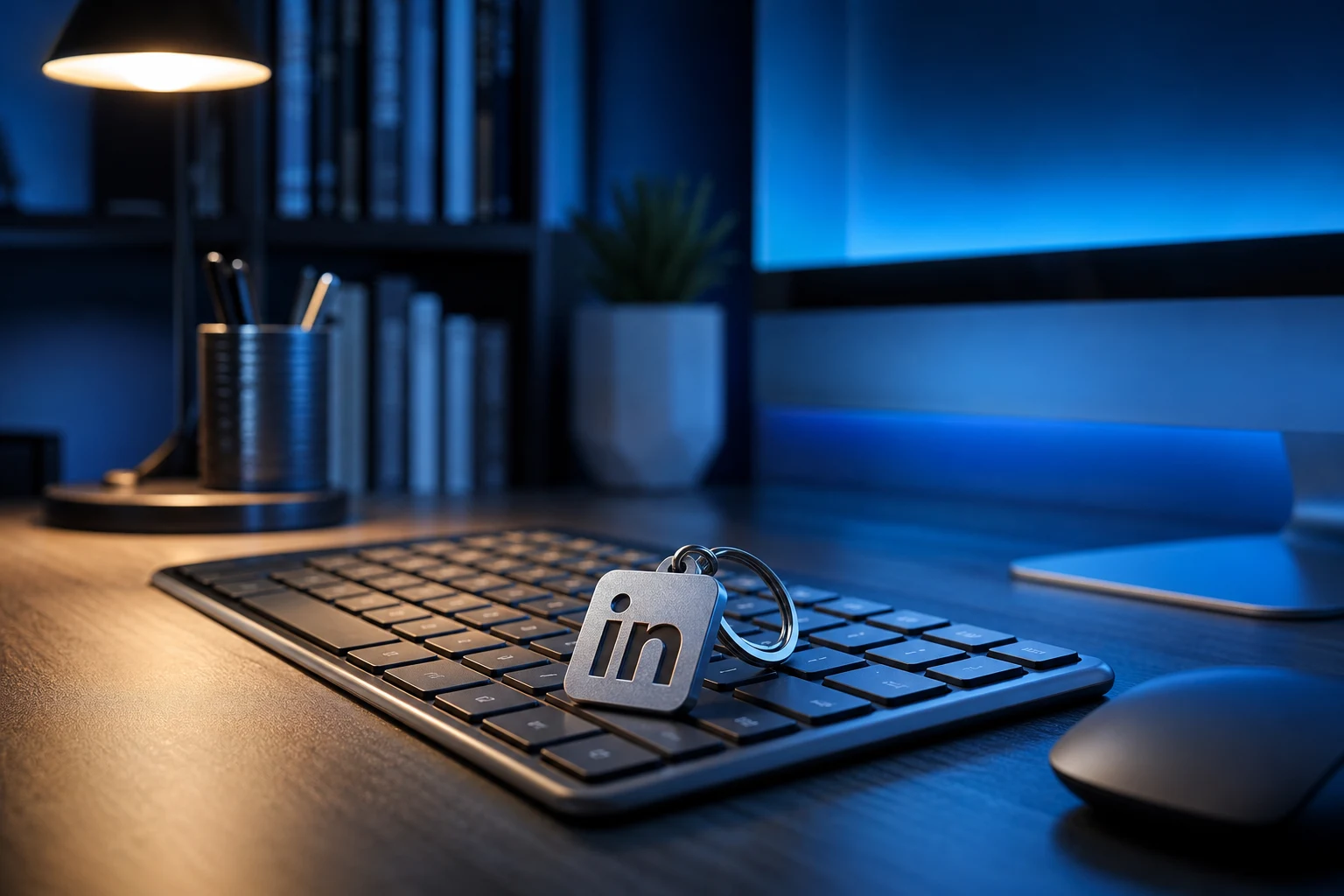 Escritorio de oficina elegante con llavero LinkedIn metalico sobre teclado