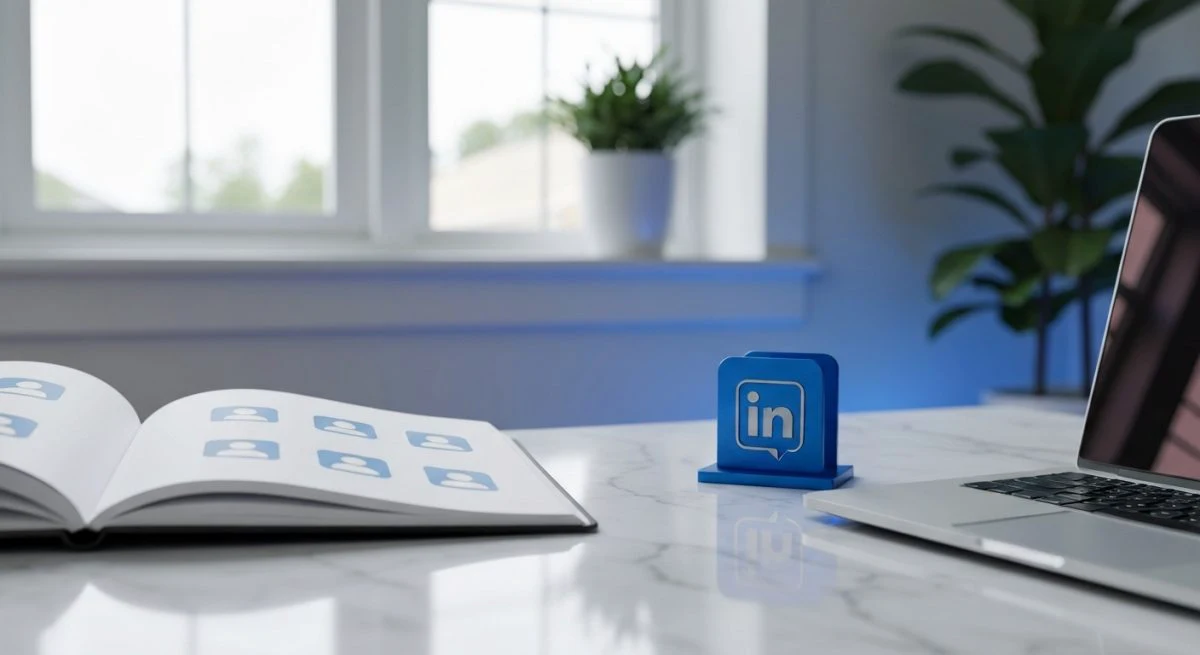 Escritorio minimalista con cuaderno y cinco iconos de perfil LinkedIn