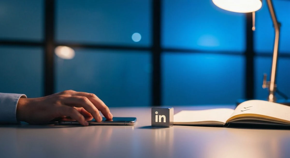 Escritorio minimalista con cubo grabado LinkedIn junto cuaderno lectura recibos