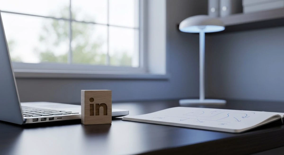 Escritorio minimalista con portátil plateado y bloque grabado LinkedIn logo