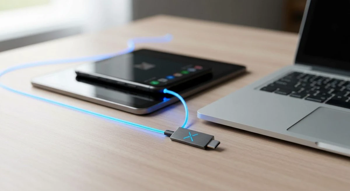 Escritorio minimalista con teléfono tableta USB C llavero logo X