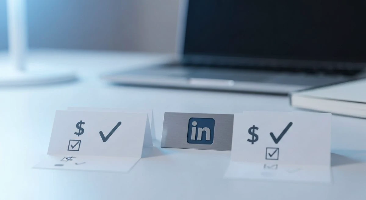 Escritorio minimalista con tres tarjetas de planes y icono LinkedIn