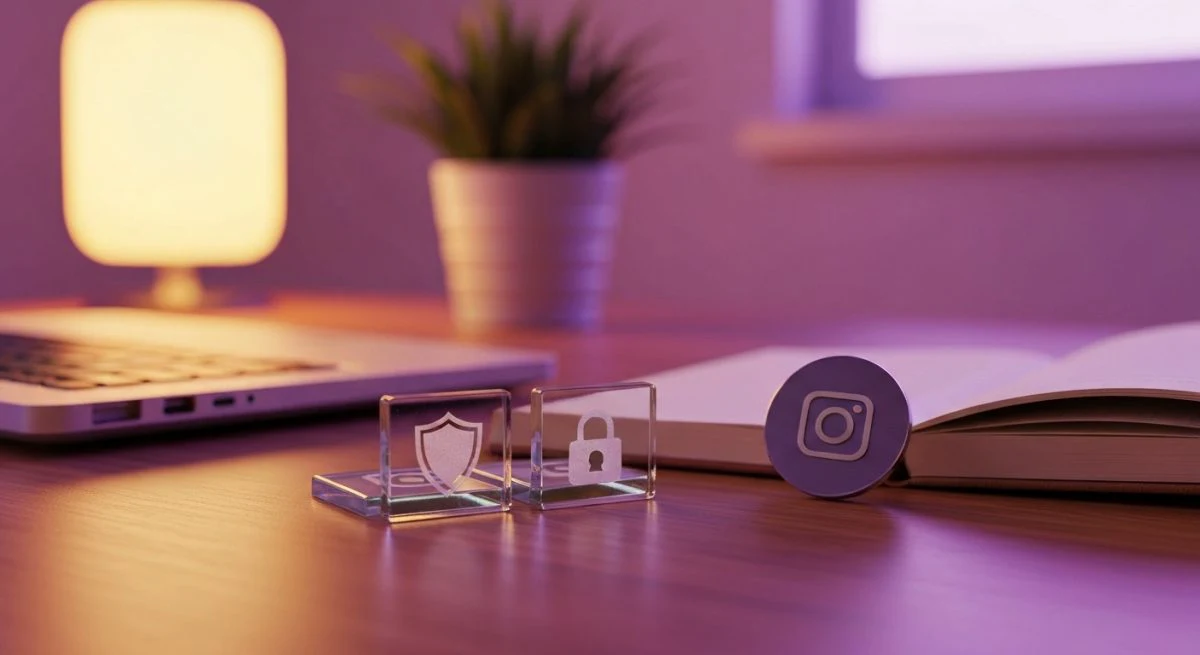 Escritorio moderno con fichas de iconos candado y escudo Instagram