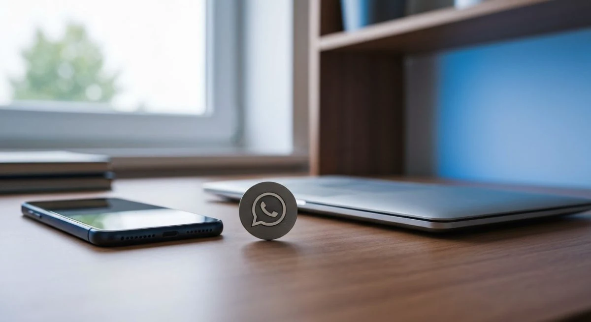 Escritorio ordenado con teléfono portátil y insignia WhatsApp entre ellos