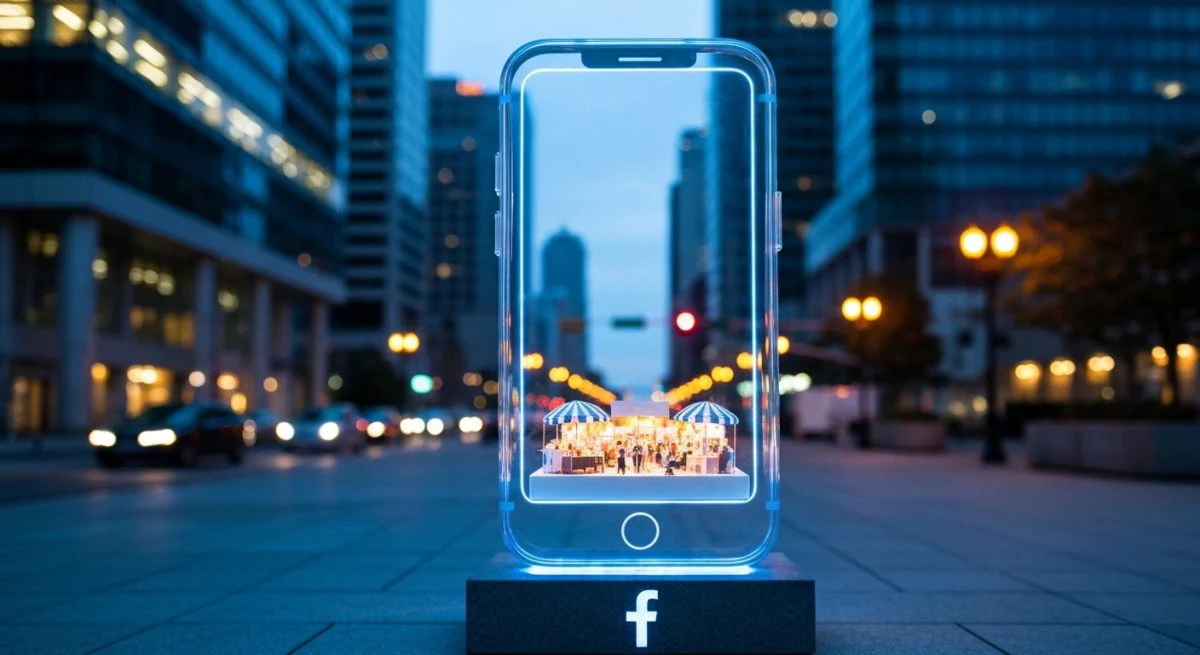 Escultura de vidrio de smartphone con diorama y logo Facebook