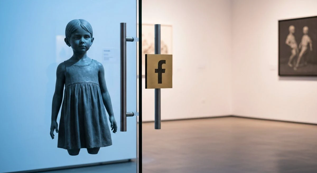 Escultura joven sin piernas ante puerta cristal con placa Facebook