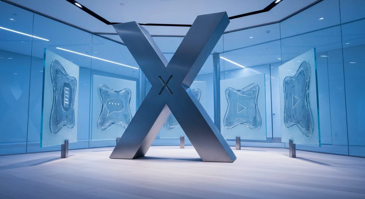 Escultura metálica en forma X en lobby con logo X