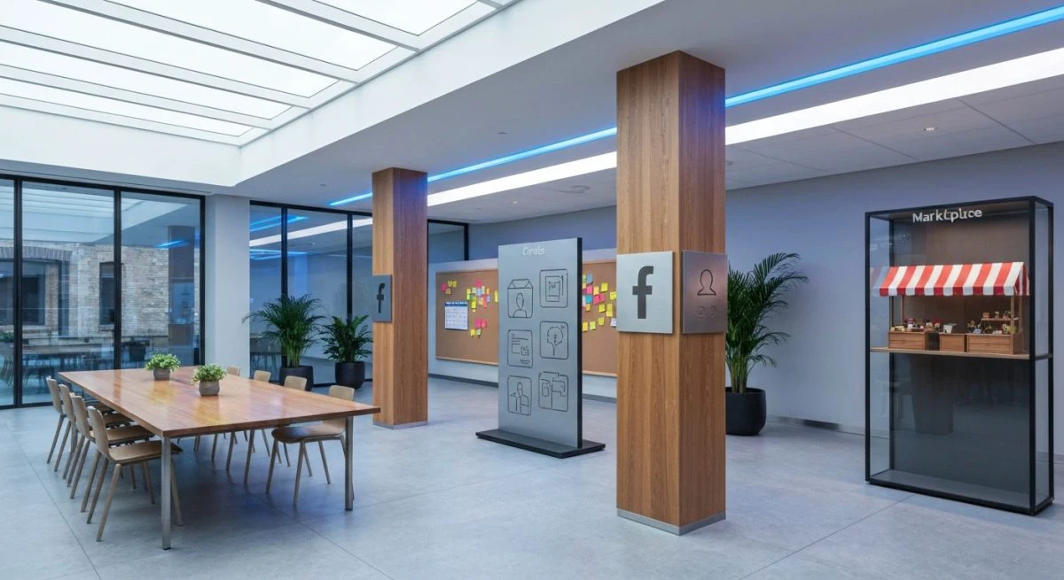 Espacio coworking iluminado representa el ecosistema de Facebook con secciones