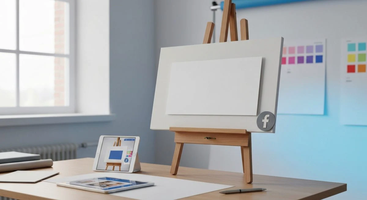 Espacio de diseño con caballete de madera muestra Facebook portada