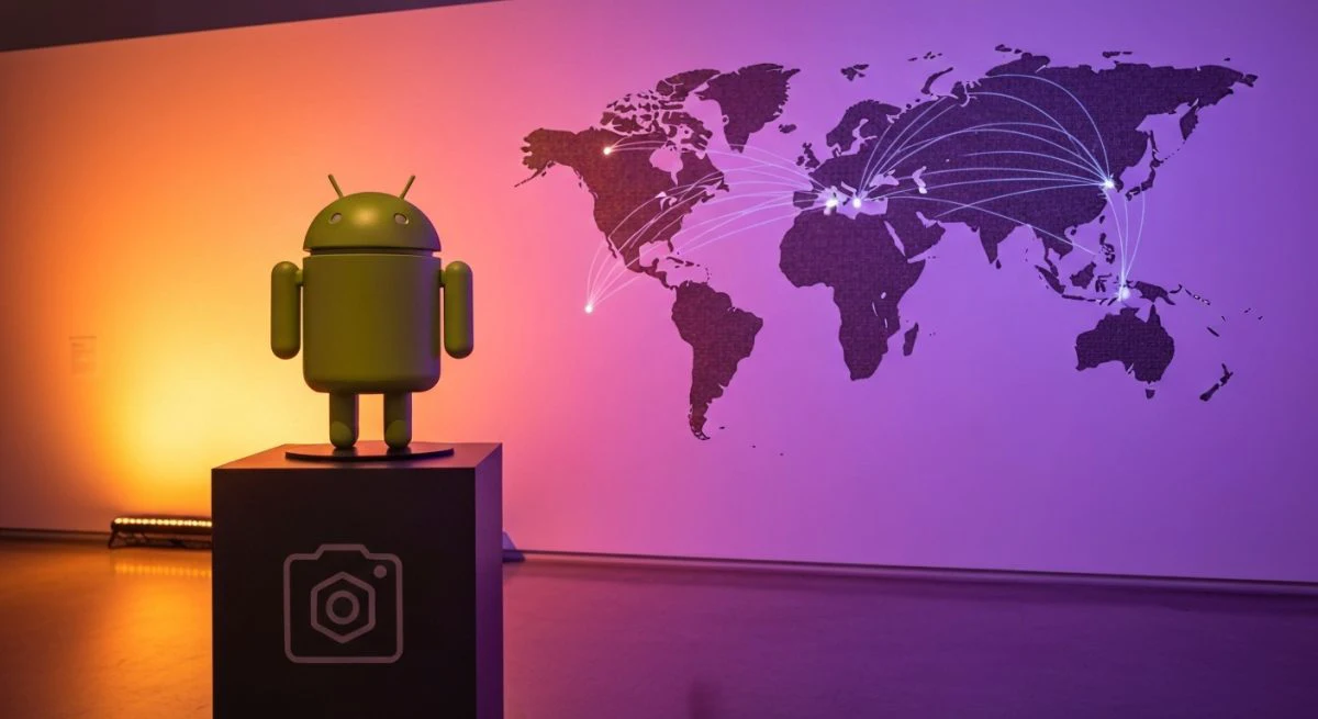 Estatua Android sobre pedestal en galería con mapa mundial iluminado