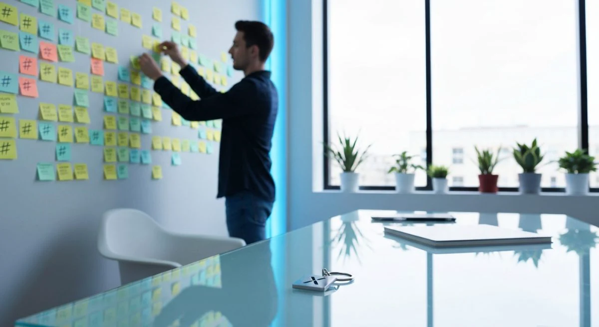 Estratega redes junto a pared de notas y llavero X