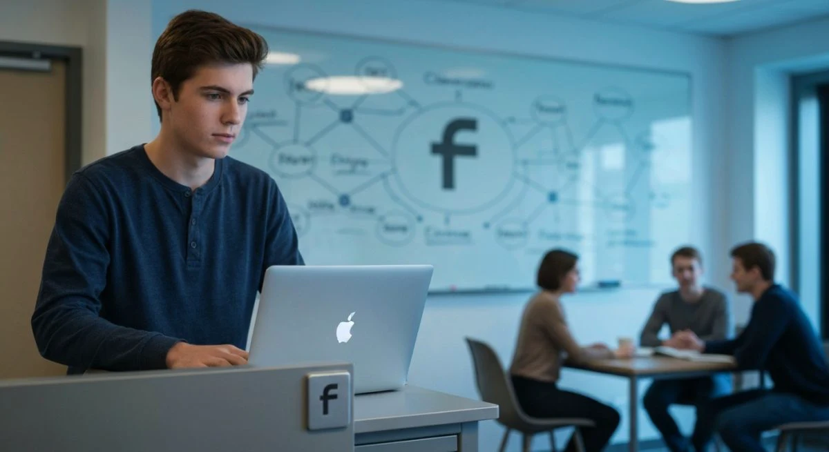 Estudiante de Harvard contempla laptop en dormitorio con logo f