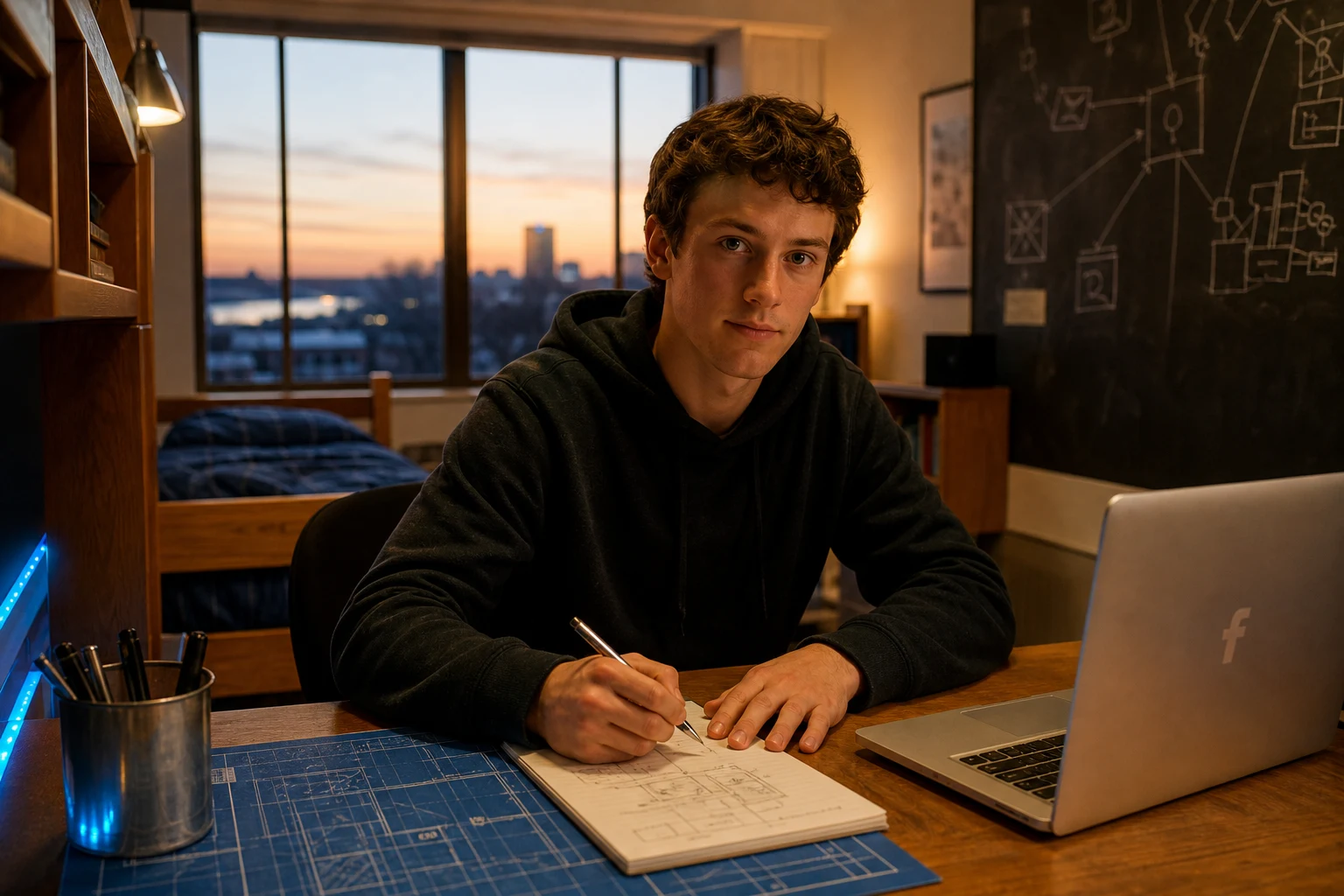 Estudiante de informática en Harvard escritorio desordenado con logo Facebook