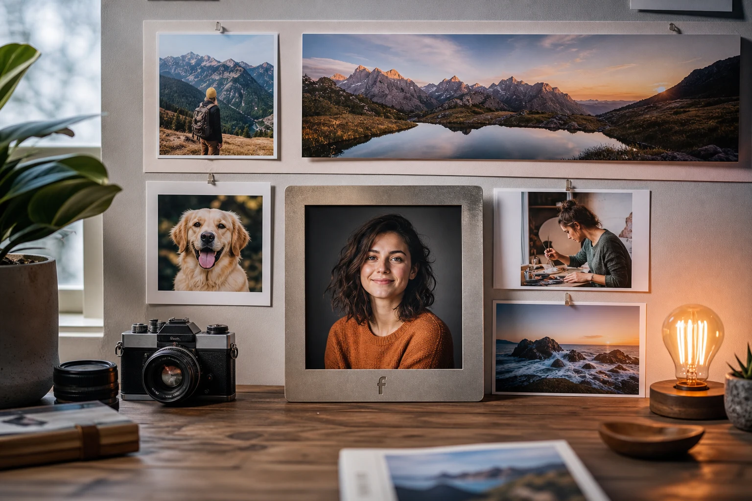Estudio fotográfico con retratos paisajes mascotas y logo físico de Facebook