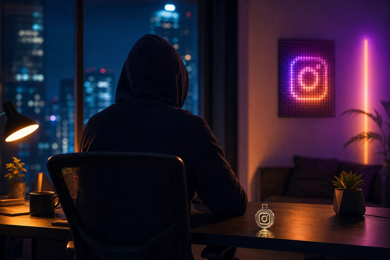 Figura anónima con sudadera frente a ventana iluminada por Instagram