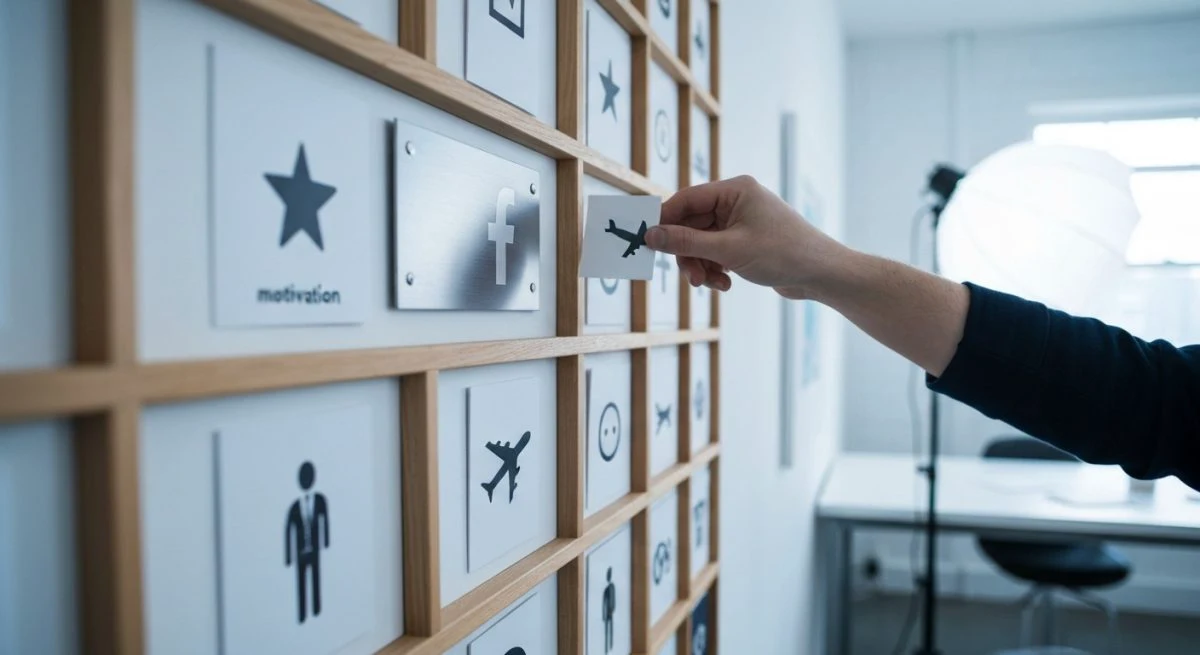 Fotógrafo coloca tarjeta en cuadrícula de iconos con logotipo Facebook