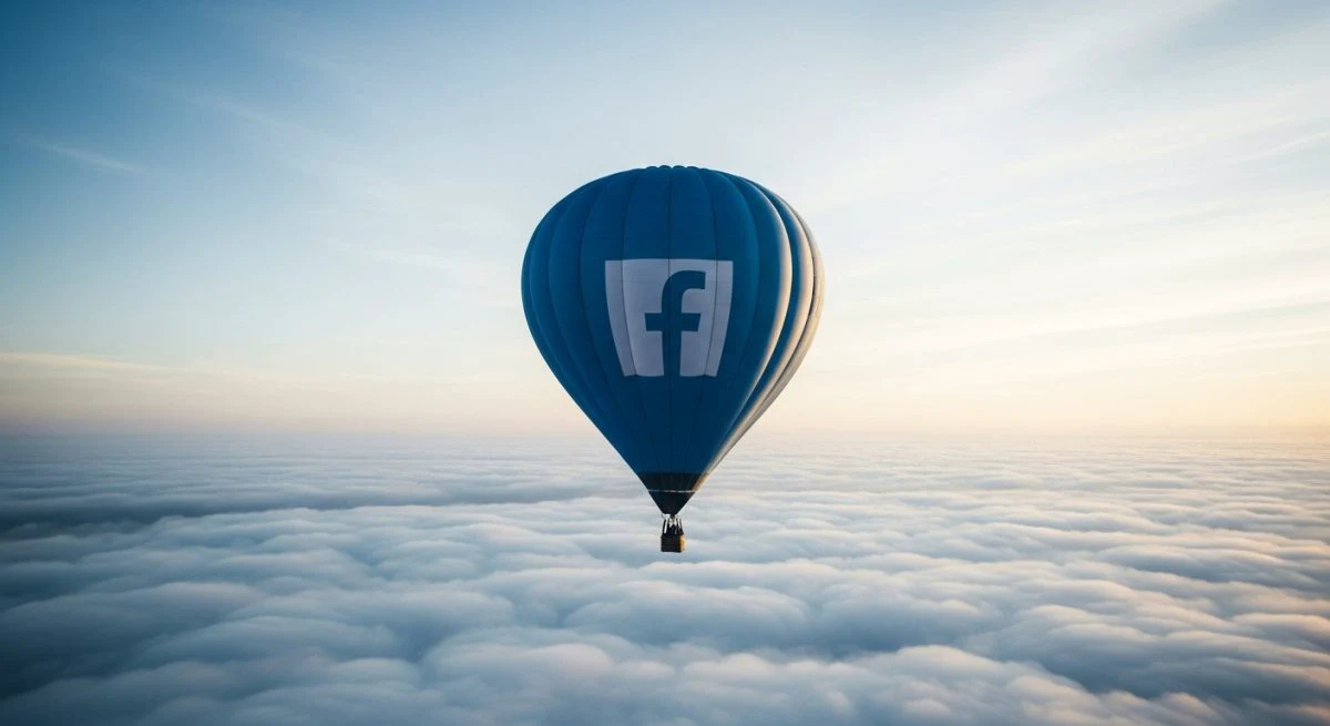 Globo aerostático azul con logo de Facebook en el lateral