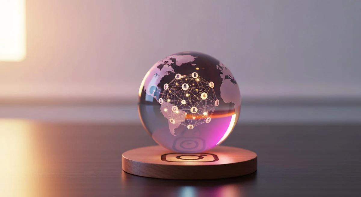 Globo de cristal sobre escritorio oscuro muestra red global Instagram