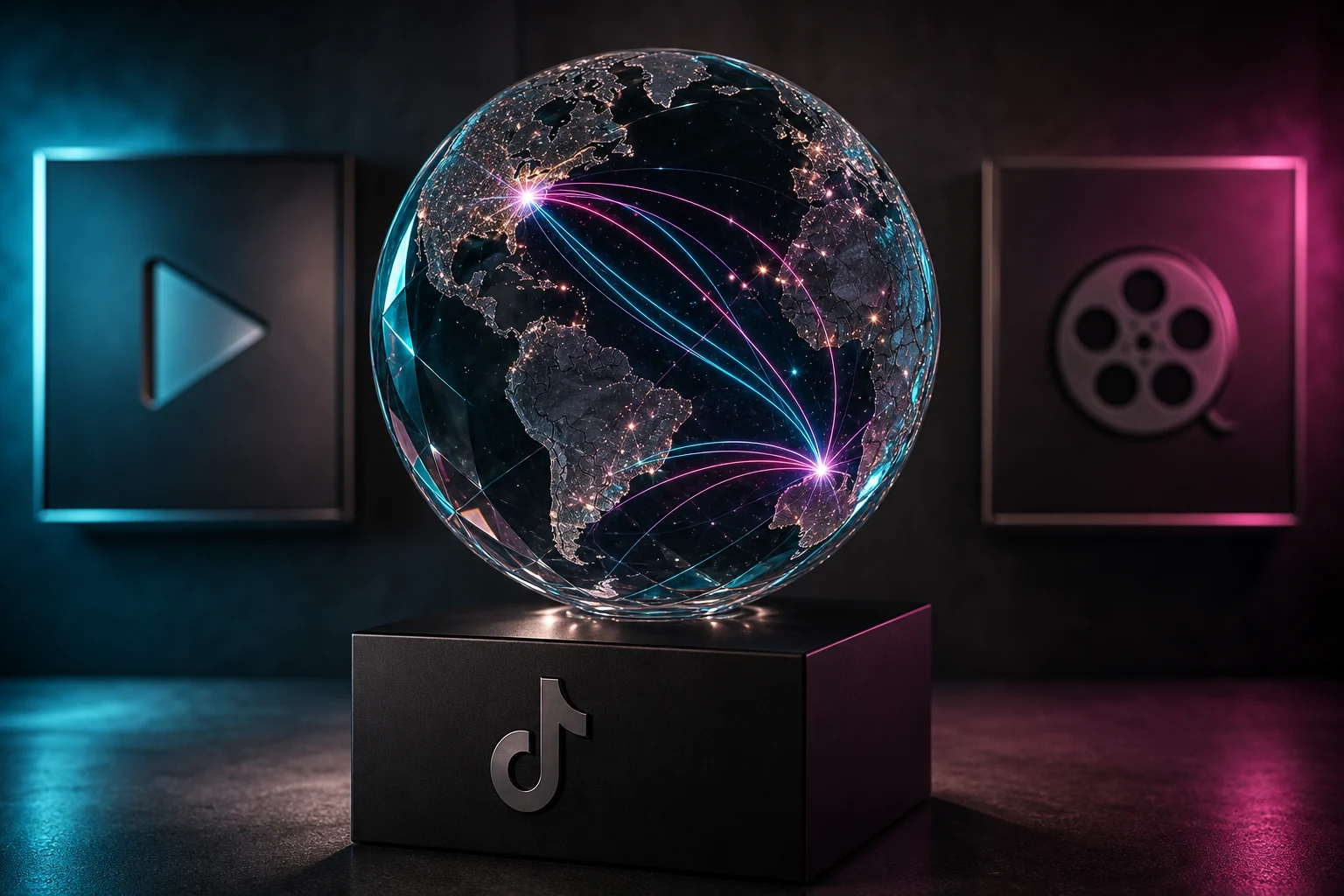 Globo de cristal sobre pedestal negro con logo TikTok grabado