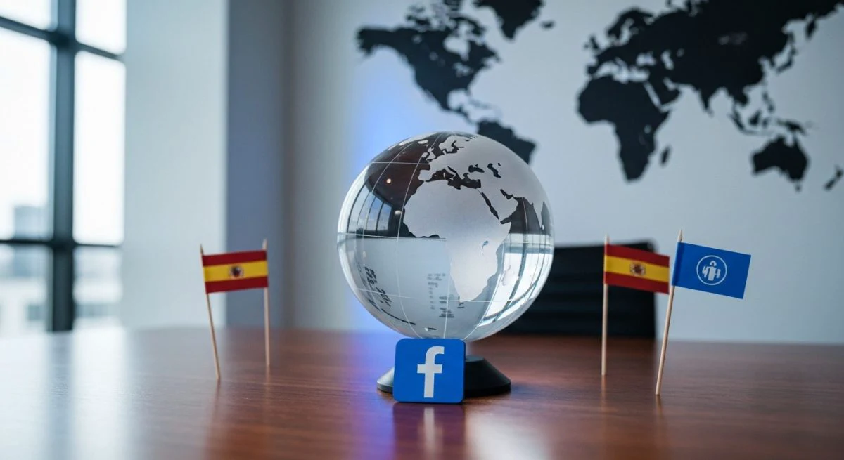 Globo de vidrio sobre escritorio de madera con placa Facebook