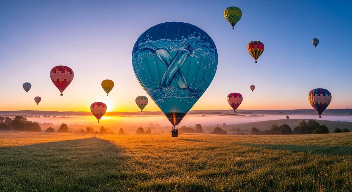 Globos aerostáticos coloridos al amanecer con diseño de logo X minimalista