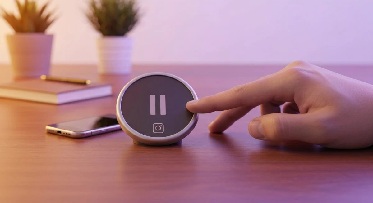 Gran botón de pausa circular con logo Instagram siendo presionado