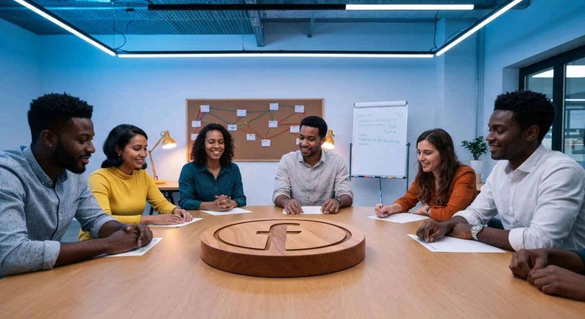 Grupo diverso alrededor de mesa de madera logo Facebook tallado