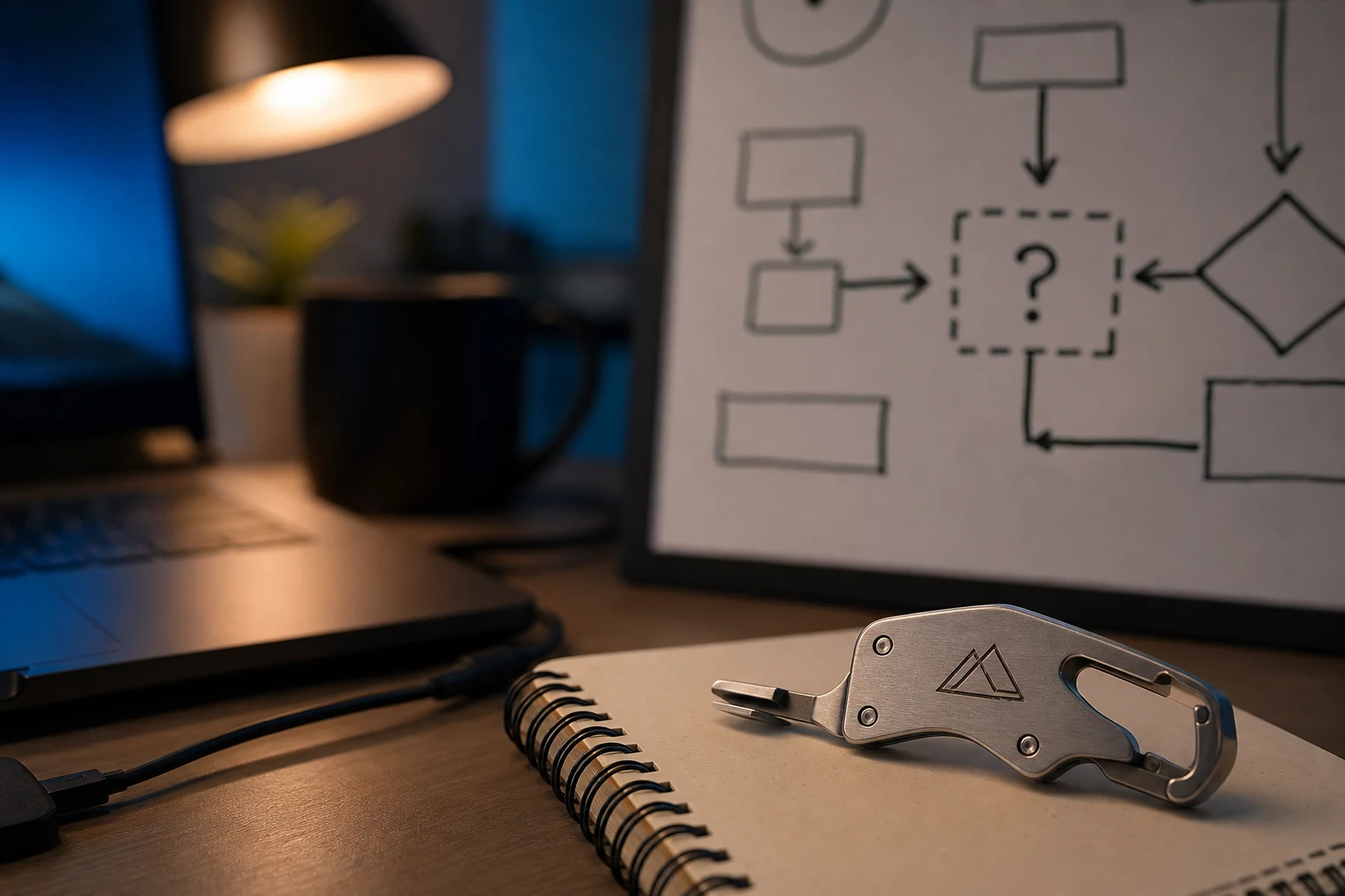 Herramienta metálica con logo minimalista engarzada en cuaderno de programador
