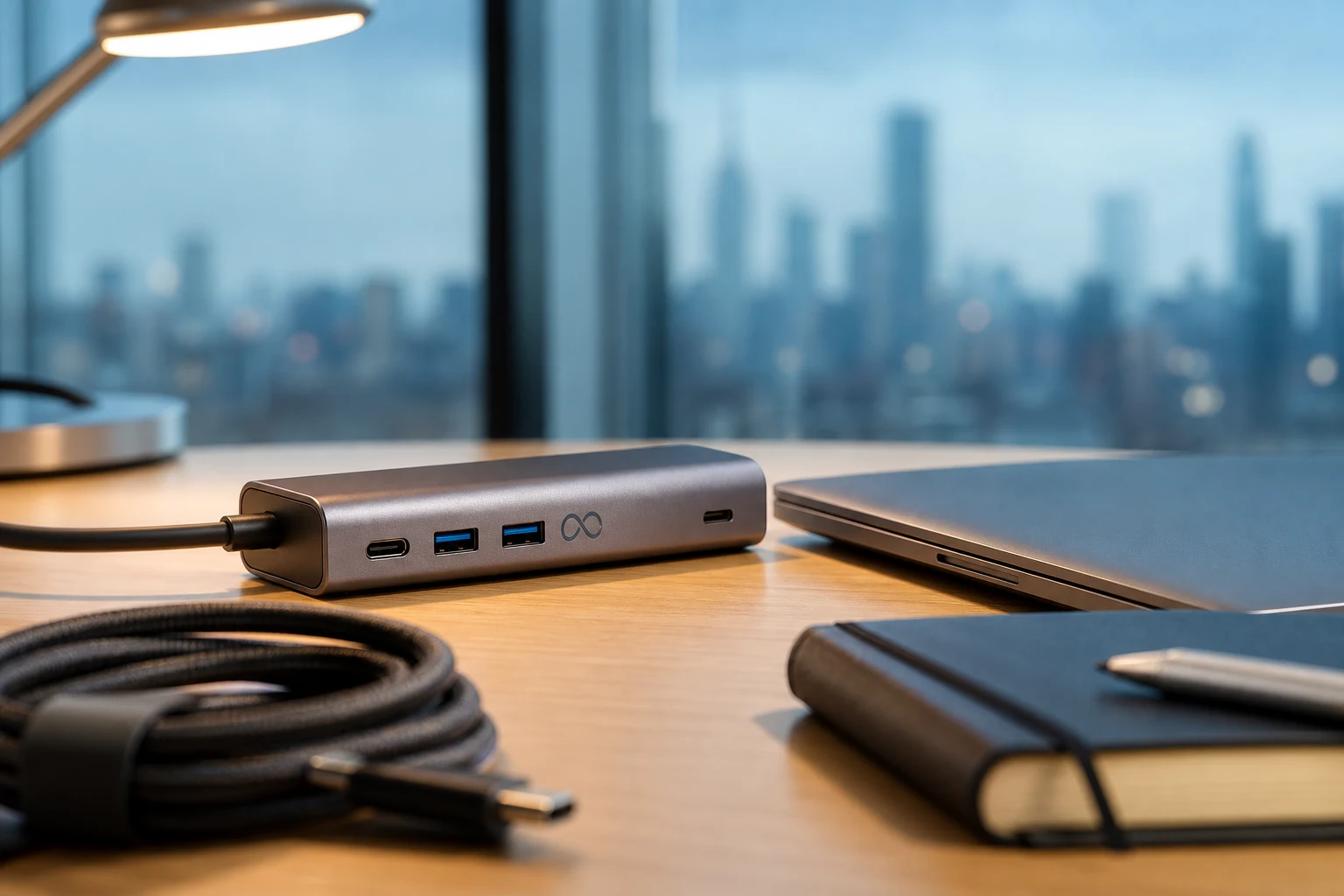 Hub USB C metálico premium con logo Meta en escritorio