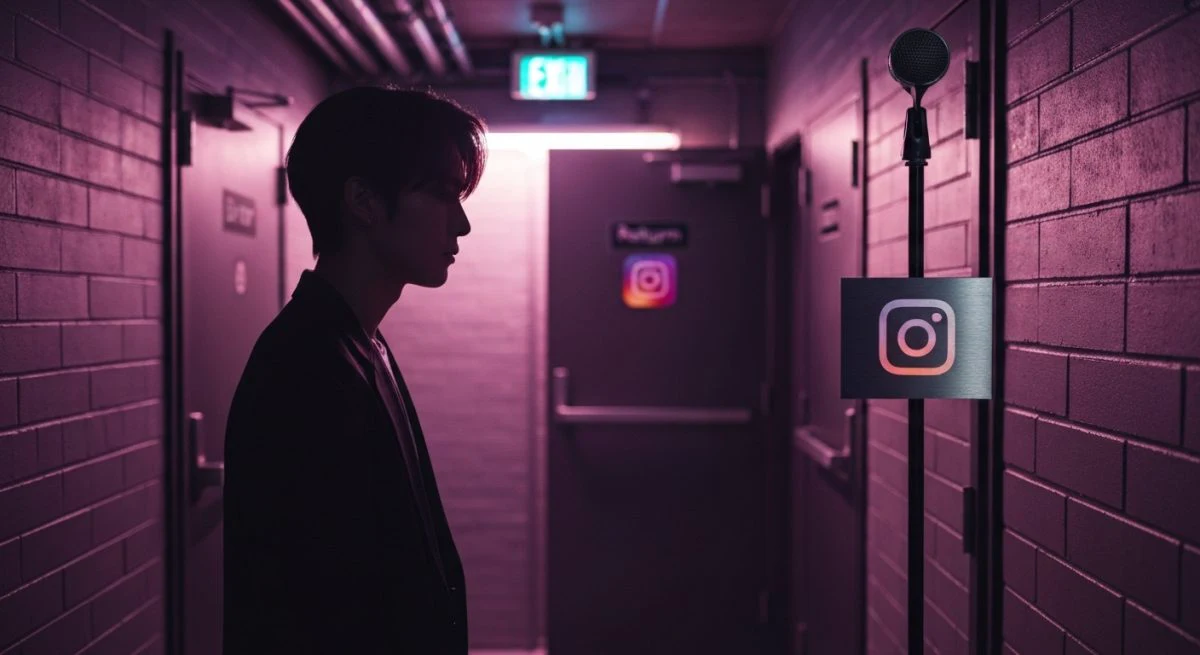 Idol Kpop en backstage parcialmente silueteado frente a puertas Instagram