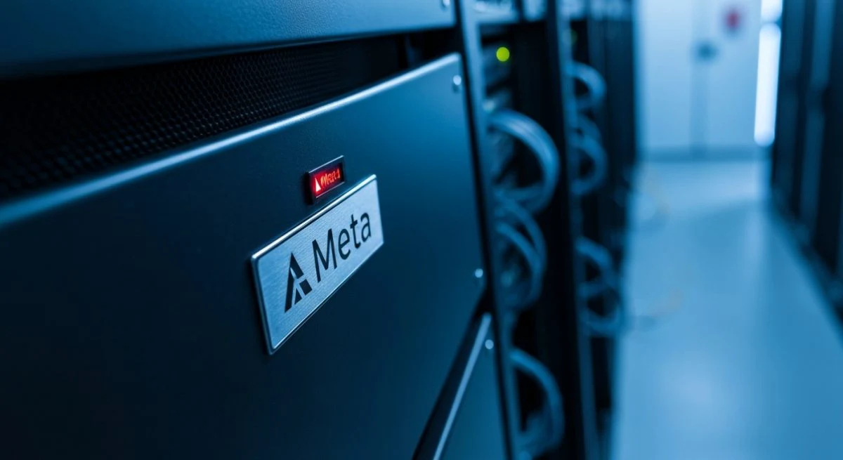 Insignia Meta embossada en panel metalico de rack centro datos