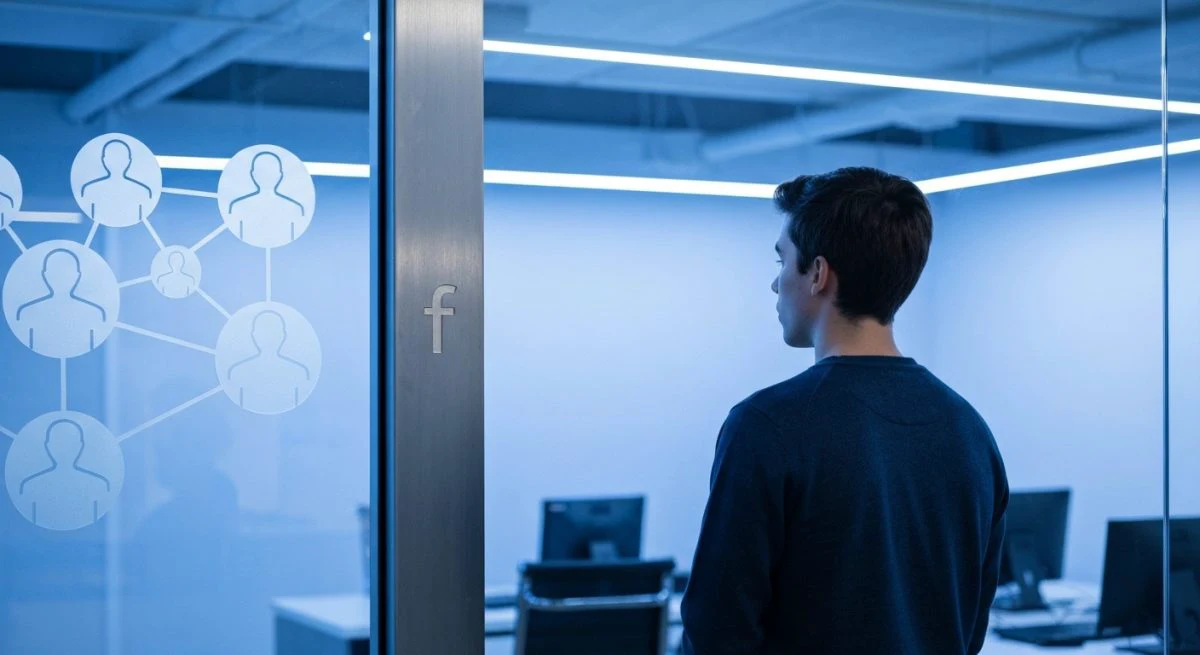 Joven contemplativo frente a vidrio con siluetas conectadas logotipo Facebook