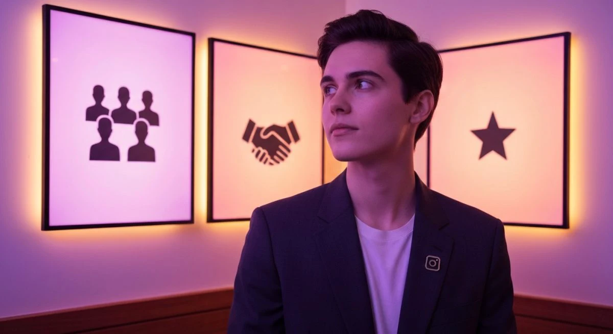 Joven creador en cafe con blazer y pin Instagram iconos