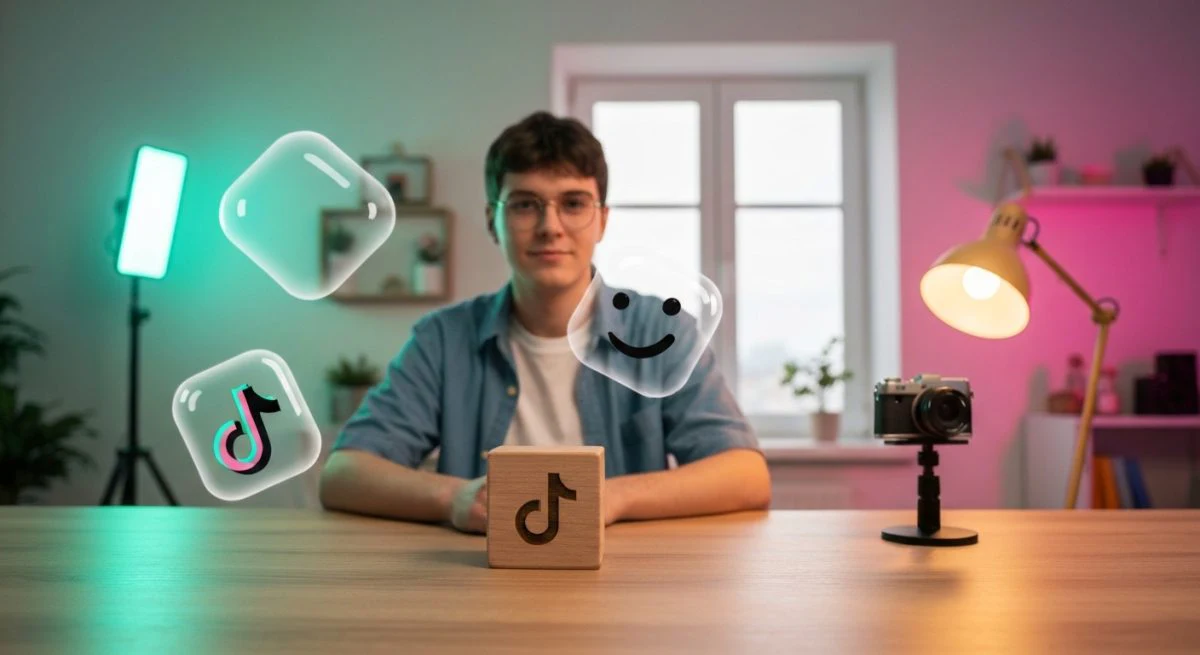 Joven creador sentado en escritorio de madera con logo TikTok