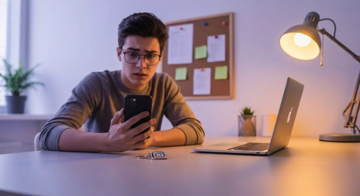 Joven en escritorio moderno mira teléfono expresión desconcertada llavero Instagram